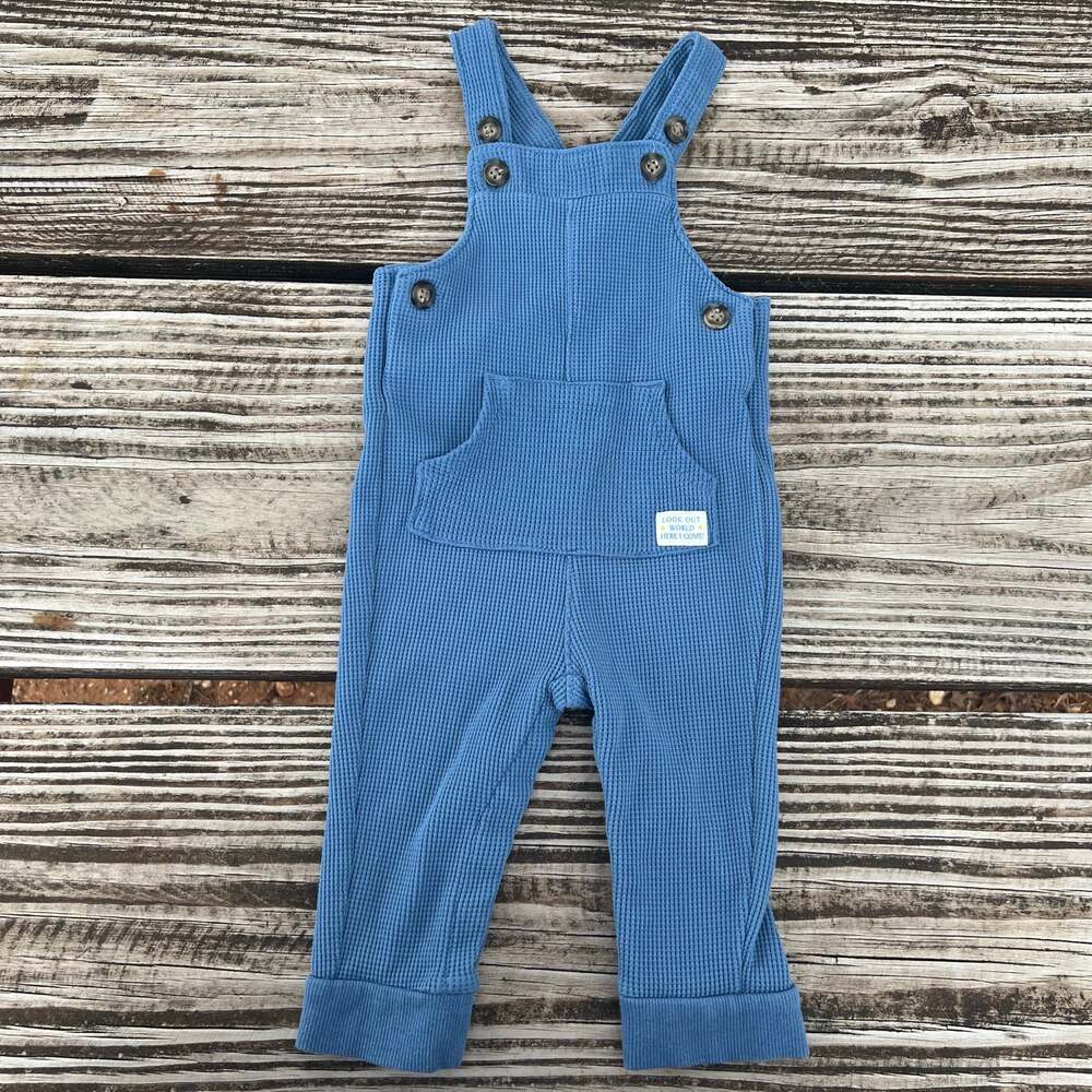 Carters Waffle Knit Overalls 9M Blue Snap Baby Romper Look Out World Here I Come